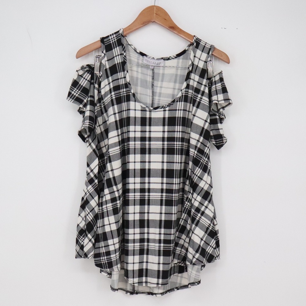 C'est La Vie Top Womens 1X 5202MX Black White Plaid Cold Shoulder Excellent